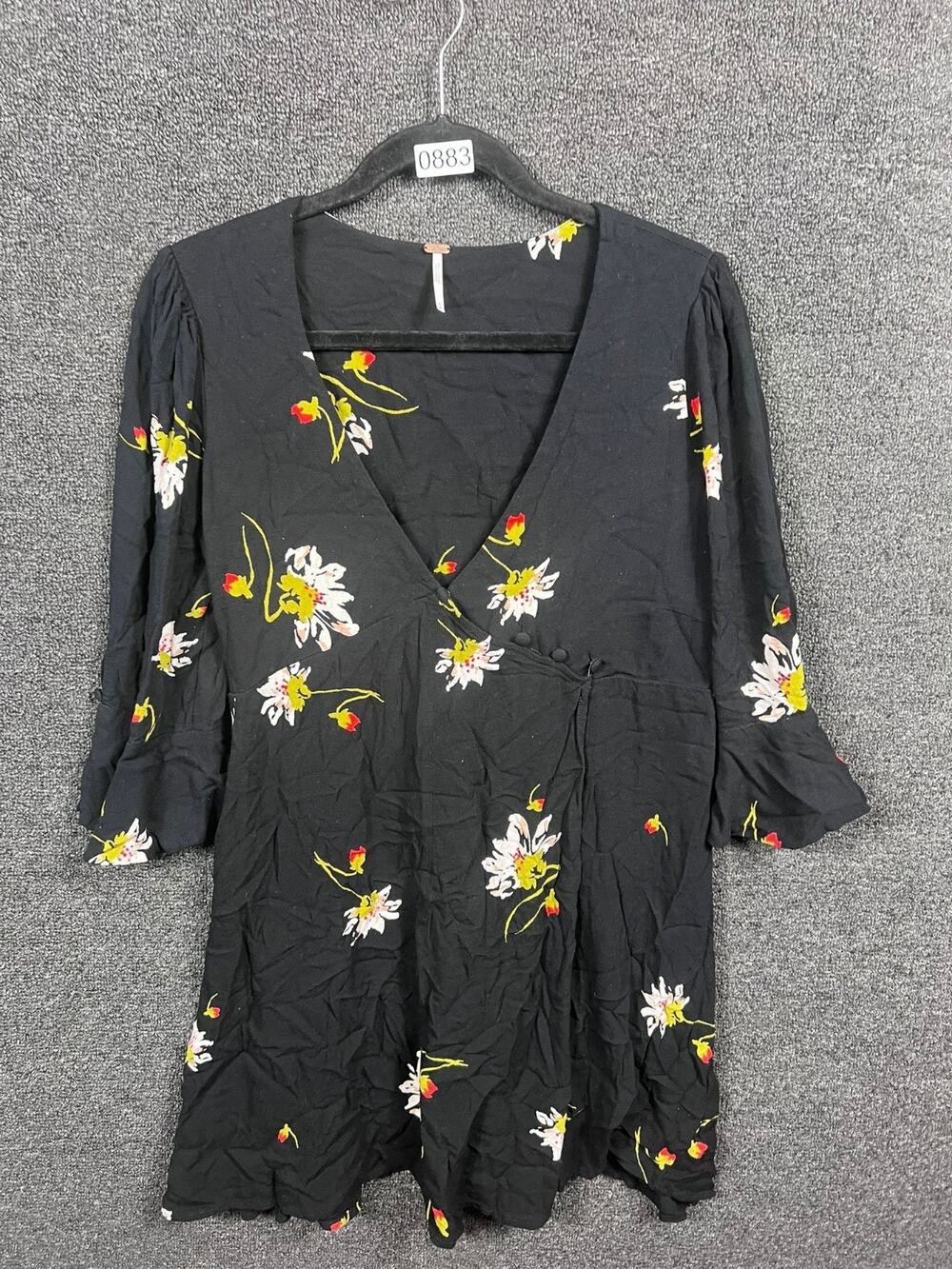 Free People Time On My Side Black Floral Print Wrap Dress Mini Womens Sz Medium